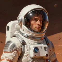 Spaceman man on Mars futuristic portrait, highly detailed, digital painting, artstation, concept art, smooth, sharp focus, illustration, art by artgerm and greg rutkowski and alphonse mucha