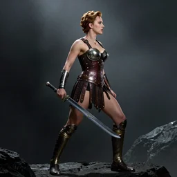 frank frazetta scarlett johansson as warrior, full body profile camera shot, ultra realistic, epic lighting, 3 5 mm