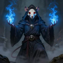 portrait of a humanoid rat sorcerer with a rat skull face, glowing red eyes in the rat skull, dark hooded sorcerer robes, fantasy, d & d, greg rutkowski, frank frazetta, intricately detailed, impressive lighting, misty environment, holding a blue flame in each hand, power stance, ultimate power, doom, 8 k hdr