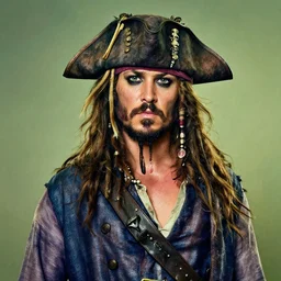 a award winning portrait photo of a charismatic pirate captain with brown beard and light brown long hair, faded blue coat and slightly chubby, pirate hat movie color graded