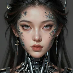 a robotic goddess, tattoo face, jewelry skin, highly detailed, digital painting, smooth, sharp, beautiful face, expressive eyes, highly intricate, art by greg rutkowski and alex gray