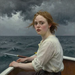 Elle Fanning on a boat during a storm, by Edward Hopper, Extremely detailed. 8K. Award winning.