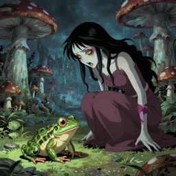 A scary godlike fairy killing a frog. award winning. superb resolution. in the art style of junji Ito and greg rutkowski . Detailed Mushroom city in background. Hyper realistic anime. Perfect art. Dalle2