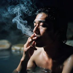 photography of yakuza smoking a cigarette in an onsen at night in the style of daido moriyama, smoke, 3 5 mm lens, grainy wb image, close up view