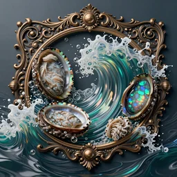 art nouveau cresting oil slick waves, abalone, paua shell, hyperdetailed bubbles in a shiny iridescent oil slick wave, black opals, intricate bronze patina medieval ornament, rococo, organic rippling spirals, octane render, 8 k 3 d