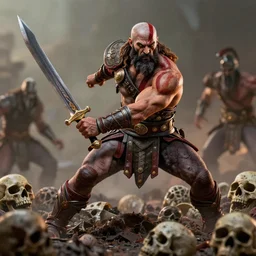 a highly detailed beautiful 3 5 mm closeup photo of jason momoa kratos hybrid god of war holding a sword and fighting zombies on a pile of human skulls, spartan warrior, olympian god, muscular!, frank frazetta, boris vallejo, action pose, ambient lighting, volumetric lighting, octane, fantasy