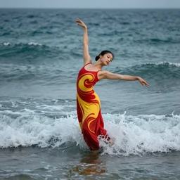 beautiful modern dancer wearing a red and yellow swirling dress, dancing waist-deep in a sea of wild ocean waves, trending on Artstation, cinematic, hyperrealistic