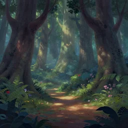 a disney background art painting, a wide shot of an enchanted forest with dappled lighting on the ground, muted color palette, tall large trees, foliage and flowers in the underbrush, disney feature animation painting, the art of pixar,