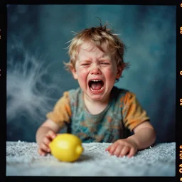 kodak portra 4 0 0, wetplate, 8 k, motion blur shot of a highly detailed, britt marling style, colour still - life portrait of a lemon looks like a handsome screaming angry 1 0 year old crying boy in a dangerous snow hell fire storm, 1 9 2 0 s cloth, 1 9 2 0 s hair, teal and orange, muted colours