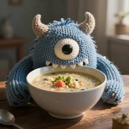 a bowl of soup that looks like a monster knitted out of wool