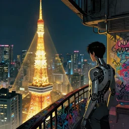 illustration of japanese cyborg looking at beautiful cyberpunk kowloon balcony, future tokyo, golden ratio, cinematic lighting, cinematic composition, ghost in the shell, night, by sachin teng and sergey kolesov and ruan jia and heng z and wlop. graffiti art, scifi, fantasy, hyper detailed. octane render. concept art. trending on artstation