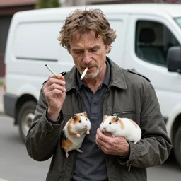 Willem Dafoe with a cigarette and holding two hamsters on the street next to a van