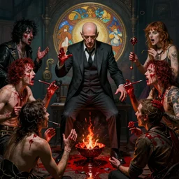 midnight underground realistic matte painting of wan bald british man surrounded by tweakers addicts groupies performing ritual bloody magick greg rutkowski artstation hdr vivid color ( ( ( ( ( ( ( ( alphonse mucha ) ) ) ) ) ) ) ) )