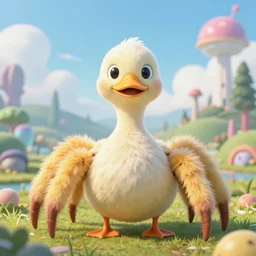 cute beautiful duck-spider-monster with a beak and fluffy, alien landscape in background, anime style, intricately detailed, octane render