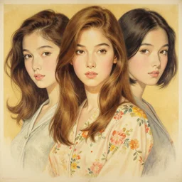 “ rosamund pike portrait by ikenaga yasunari and ayana otake and ko rakusui, 6 0 s poster, drawing, realistic, sharp focus, japanese, dreamy, nostalgia, faded, golden hues, floral clothes ”