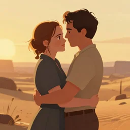 seth rogan and emma watson in a peaceful wasteland, golden hour, digital art, loving embrace, trending on artstation
