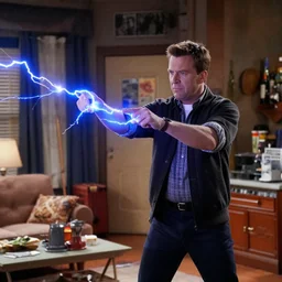 frasier 9 0 s tv show sitcom screenshot, wideshot, frasier crane in his apartment shooting blue lightning bolts from his hands, kodak portra,