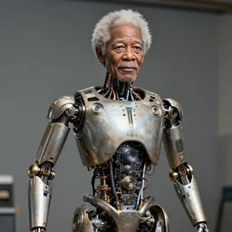 animatronic Morgan Freeman, exposed mechanics, photo, Stan Winston studios, detailed, 4k
