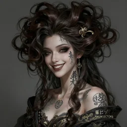 aristocrat laughing, female, japanese gothic model with maximalist hair style and kanji tattoos, dark colors, fantasy, intricate, elegant, highly detailed, brown hair, digital painting, artstation, octane render, concept art, matte, sharp focus, illustration, hearthstone, art by artgerm, alphonse mucha johannes voss