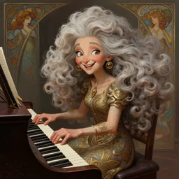 cheerful older sister with long voluminous hair playing piano, full body shot, intricate, highly detailed, digital painting, artstation, concept art, matte, sharp focus, illustration, hearthstone, art by artgerm and greg rutkowski and alphonse mucha