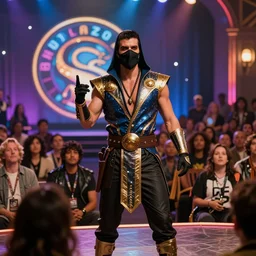 subzero from mortal kombat speaking to a crowd at a scientology convention, flashy, fancy, scientology gathering, movie still, 8 k