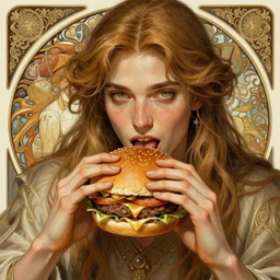 Maxmoefoe eating a burger, closeup, D&D style, fantasy, intricate, elegant, highly detailed, digital painting, artstation, concept art, matte, sharp focus, illustration, art by Artgerm and Greg Rutkowski and Alphonse Mucha