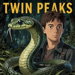 Twin Peaks poster artwork by Michael Whelan and Tomer Hanuka, Rendering of portrait of snake from scene from Twin Peaks, full of details, by Makoto Shinkai and thomas kinkade, Matte painting, trending on artstation and unreal engine