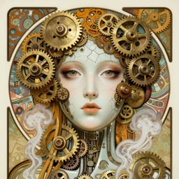 A close-up portrait of a beautiful female android wearing an intricate cracked porcelain face by Alphonse Mucha, exposed structure with gears, beautiful eyes, steampunk, gears, steam, art nouveau card, concept art, wlop, trending on artstation