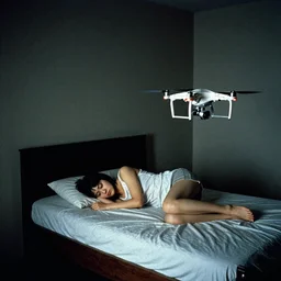 a girl sleeping on an empty bed in a dark room with a drone flying beside her, film photography, daido moriyama, nobuyoshi araki