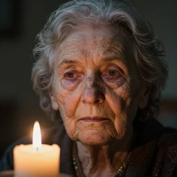 a close up portrait of one lonely old underweight frozen lady, full colour, hyper realistic photo, candle light, dramatic lighting, chiaroscuro, shallow depth of field, upscale, 8 k, masterpiece,