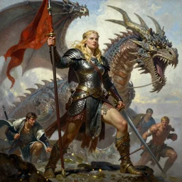 An oil painting of a beautiful blonde viking woman posing with a war banner and sword, dragon scale armor, aesthetic face, by Frank Frazetta, Greg Rutkowski, Boris Vallejo, Neal Hanson, Christian MacNevin, epic fantasy character art, goddess of war, goddess of anger, high fantasy, full length, exquisite detail, post-processing, low angle, masterpiece, cinematic, colossal dragon in background