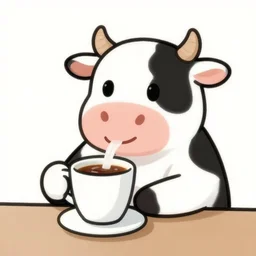 a cartoon of a cow drinking a cup of coffee