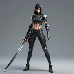 a full body character portrait of female cyberpunk ninja android posing with a oversized katana in the style of syd mead in the style of jean giraud trending on artstation deviantart pinterest detailed realistic hd 8 k high resolution