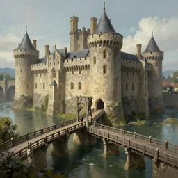 old english castle moat drawbridge, deep focus, intricate, elegant highly detailed, digital painting, artstation, concept art, matte, sharp focus, illustration, hearthstone, art by artgerm and greg rutkowski