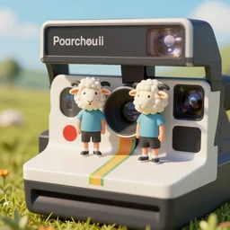 cute men with sheep's head, standed on a polaroid camera, micro - landscape, comic paint, highly details, 4 k,