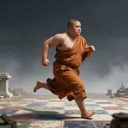 male monk running at full speed without shirt, chubby, short, hyper realism, cinematic, volumetric lighting, Epic composition, octane render, Smooth gradients, High contrast, board game cover art,