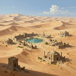 the elder scrolls vi hammerfell, mesa, dessert, settlements, oasis, outposts, temple ruins, sand dunes, illustration, perfectly shaded, oft painting, art by krenz cushart and wenjun lin