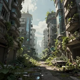 the abandoned streets of the overgrown city in the style of decopunk/crystalpunk