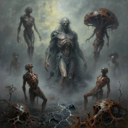 oil paint of flayed god machines, geocracking obsidian, steel fungus, rusted by fog, rotting, by alberto bontempi, alex ross, shigeru komatsuzaki, wayne d barlowe, stefano tamburini, narrative light, muted colors, epic, hyper detailed, awe inspiring, award winning horror, narrative lighting, hyper realism, cinematical
