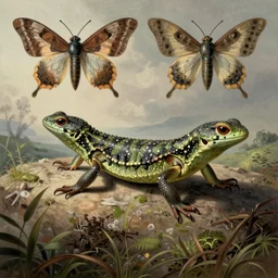 alien moth lizard color scientific illustration by Ernst Haekel, color illustration with orthographic views
