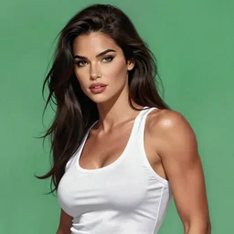 a dark haired muscular musclebound megan fox in a white tank top. highly detailed portrait, digital painting, sharp focus illustration, artstation hq. intricate, elegant. art by wlop and ross tran, medium shot, green iridescent