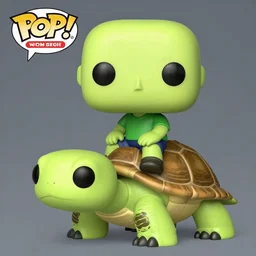 funko pop wearing green shirt riding a giant turtle