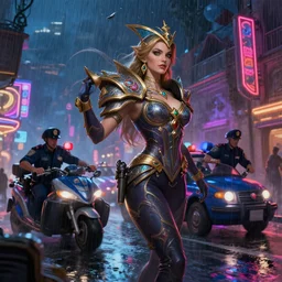 police chase, night life, neon glow, heavy rain, deep focus, d & d, fantasy, intricate, elegant, highly detailed, digital painting, artstation, matte, sharp focus, illustration, hearthstone, art by artgerm and greg rutkowski and alphonse mucha