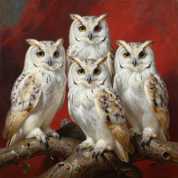 a painting of owls, by michael hussar, detailed oil painting, baroque, white and red color scheme