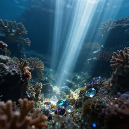 deep underwater, shafts of light piercing and refracting, corals are gemstones, intro to uncut gems, intersecting shafts of refracting light, brilliant, artstation, science, nature documentary, soft light, depth of vision, blur