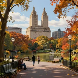 in central park in new york, in autumn, ighly detailed, digital painting, concept art, smooth, sharp focus, illustration, art by cory loftis, octane render, 8 k, unreal engine 5, trending on artstation, vivid colors