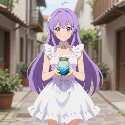 full body mature anime waifu with lavender hair white ruffly dress, holding jarred ocean. spanish ghibli alleyway. symmetrical face. symmetrical detailed defined eyes. isekai background style.