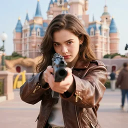 stunning!!! disney - like!!!!! young adult woman in a leather jacket in a mcdonalds pointing an automatic rifle at the lens, disney, pixar movie still, high detail, natural light, ray tracing, trending on artstation, 4 k, ultra hd, blu ray
