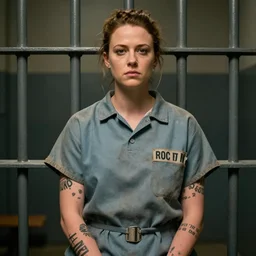a weathered Amber Heard in prison outfit in jail with prison tattoos all over her arms