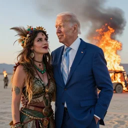 photo of evil Joe Biden attending burning man with ecofeminist Donald Trump, photorealism, extremely detailed, soft lightning, playa, HD